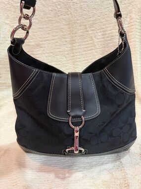Coach Black Signature Canvas Shoulder Hobo with Silver Hardware